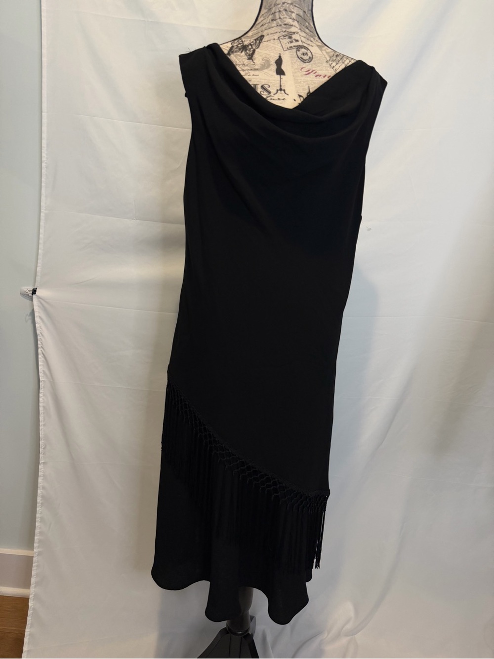 S.L. Fashions Black One-Shoulder Cowl Dress with Fringe